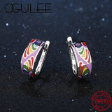 Rainbow Flowers Purple Earrings 925 Sterling Silver Clip Enamel