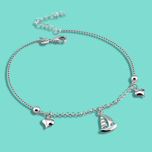 925 Silver Anklet Sailboat Pendant Bead Chain Bracelet