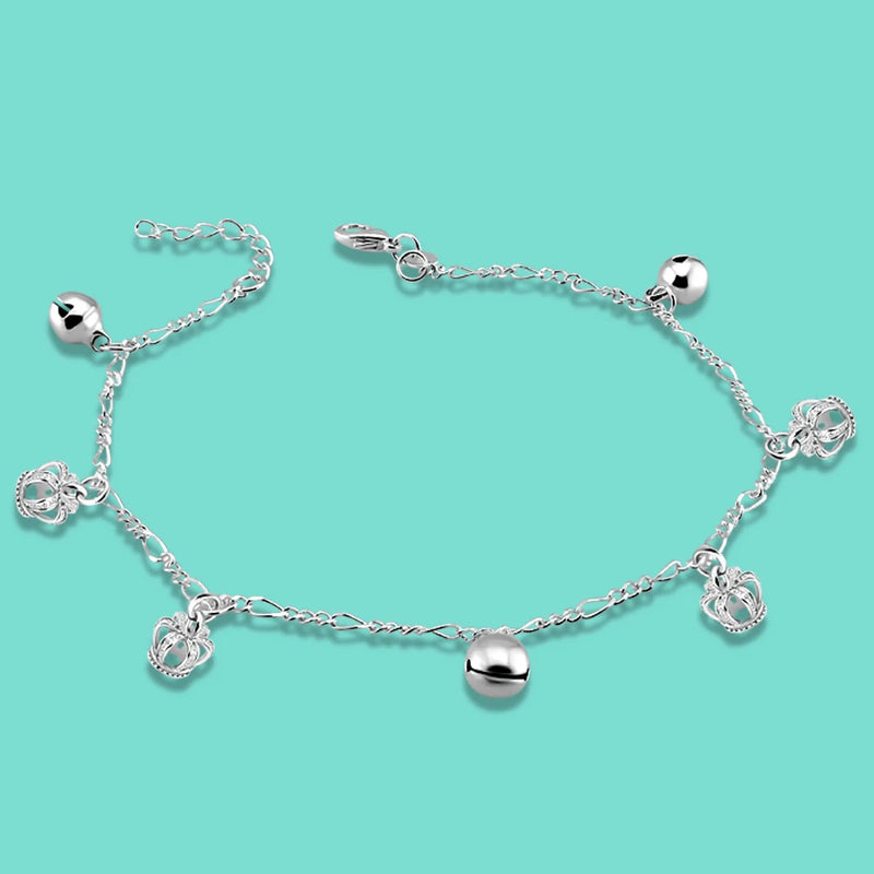925 Sterling Silver Anklet Crown Pendant Solid Silver Ankle Bracelet