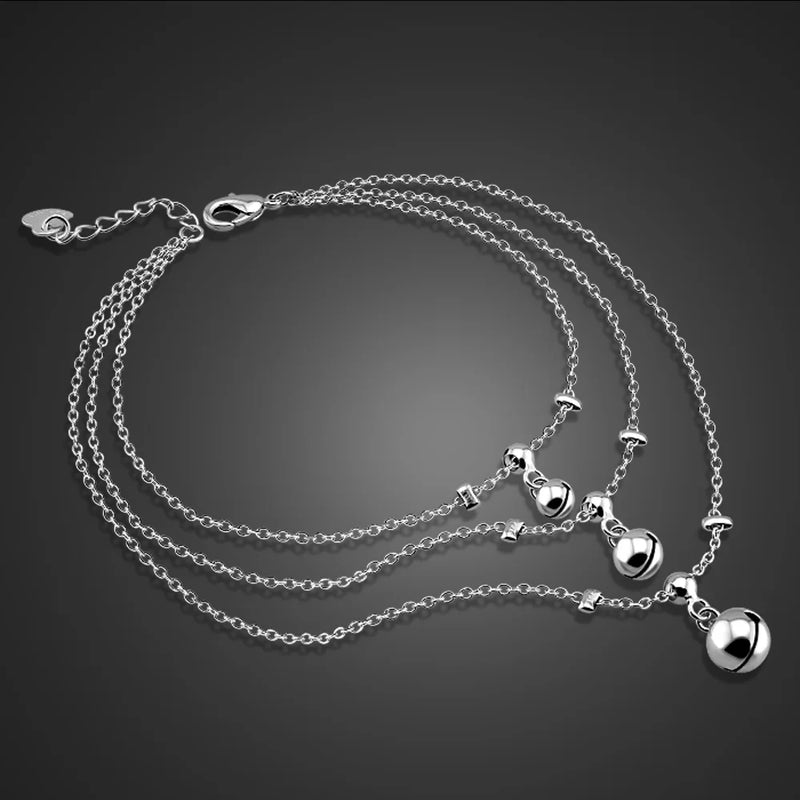 925 Sterling Silver Anklet Multilayer Bell Pendant Solid Silver Anklet