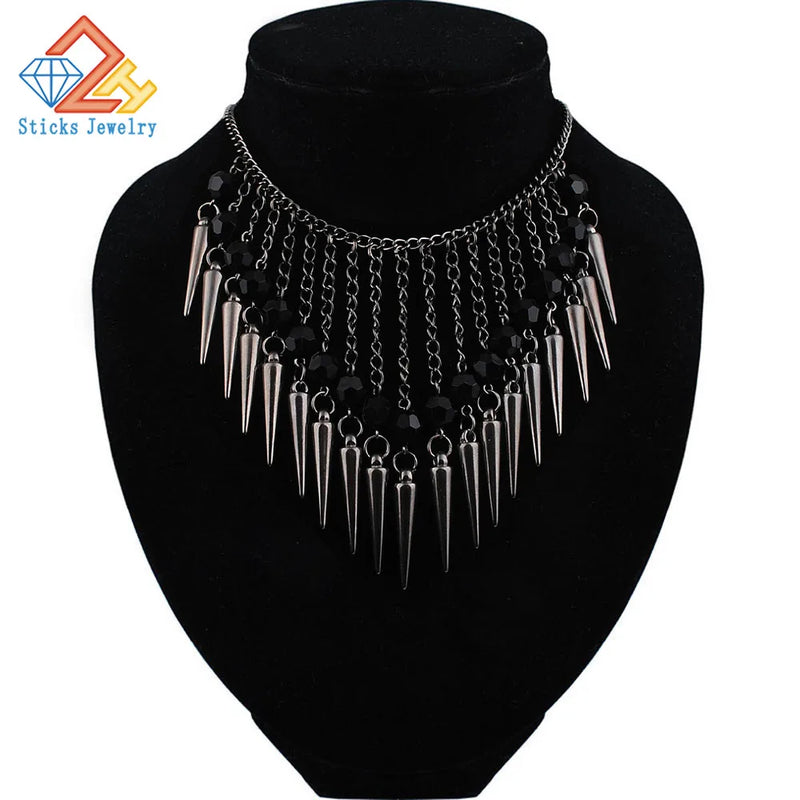 Summer Hot Necklace Dark Plated Chain Acrylic Beads Rivet Tassel
