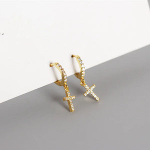 Summer Love Cross Hoop Earrings Top Crystal 925 Sterling Silver Wedding Jewelry
