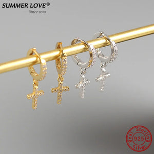 Summer Love Cross Hoop Earrings Top Crystal 925 Sterling Silver Wedding Jewelry
