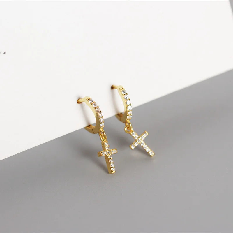 Summer Love Cross Hoop Earrings Top Crystal 925 Sterling Silver Wedding Jewelry