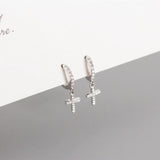Summer Love Cross Hoop Earrings Top Crystal 925 Sterling Silver Wedding Jewelry