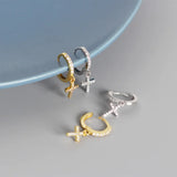 Summer Love Cross Hoop Earrings Top Crystal 925 Sterling Silver Wedding Jewelry