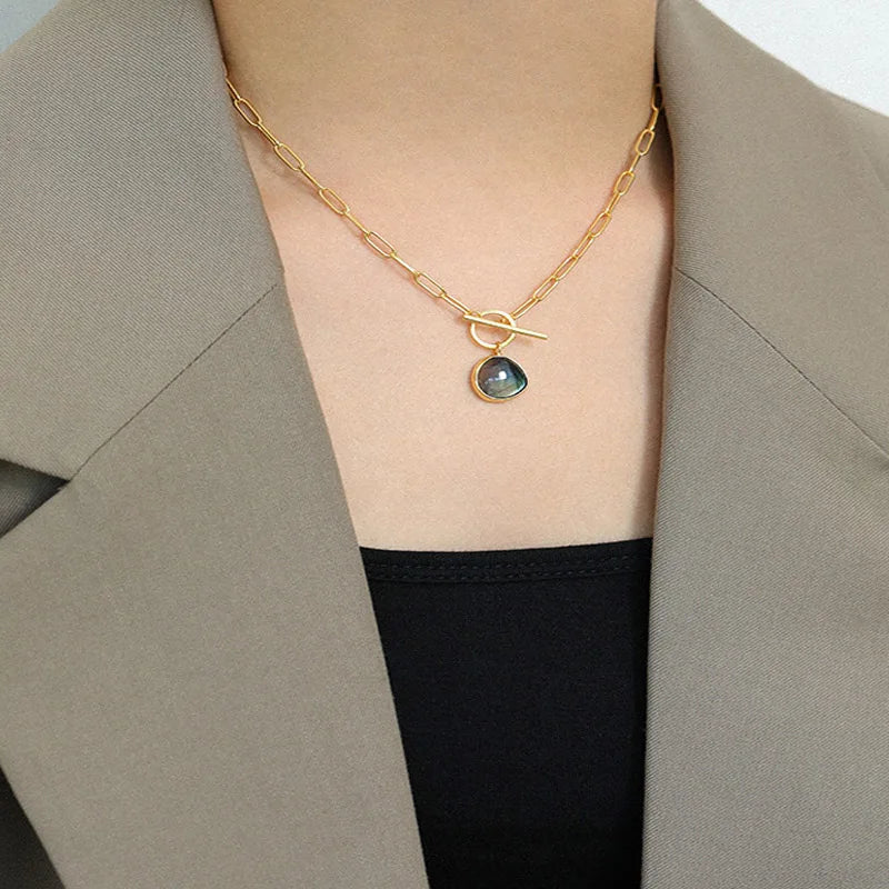 925 Silver Labradorite Geometric Chain Choker Necklace for Women