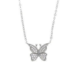 925 Silver Micro Pave Cz Single Butterfly Charm Necklace