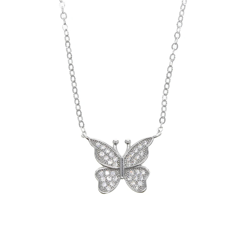 925 Silver Micro Pave Cz Single Butterfly Charm Necklace
