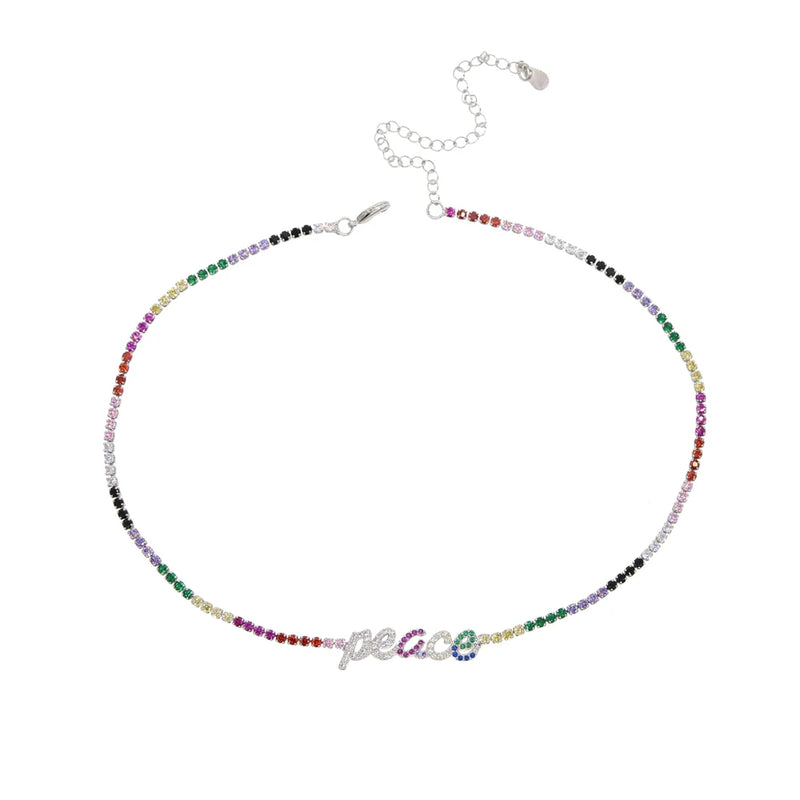Rainbow Letter Charm Tennis Chain Necklace Women Colorful Cz Choker Jewelry