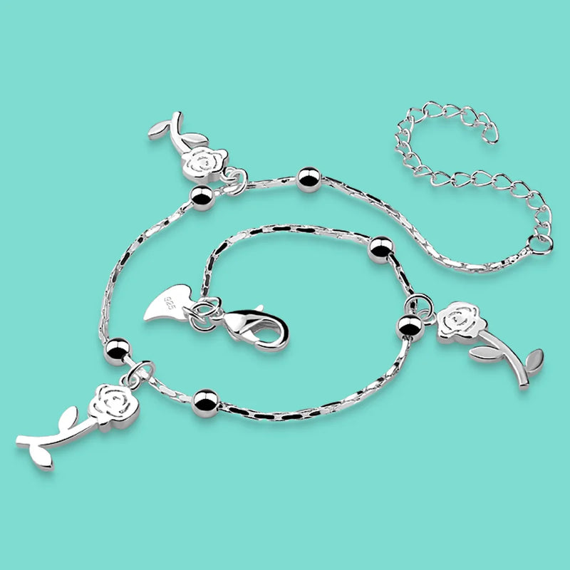 Sterling Silver Anklet with Rose Pendant, Beach Ankle Jewelry