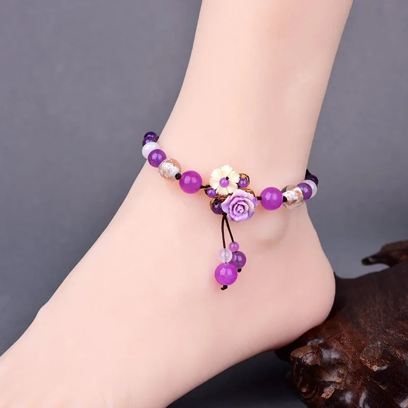 Purple Crystal Beads Adjustable Anklet