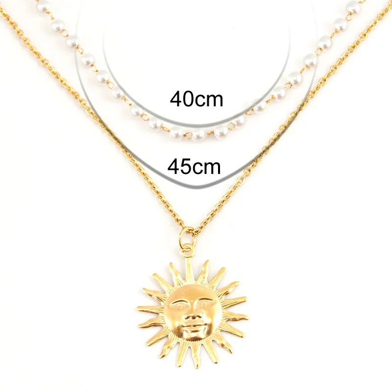 Summer Pearl Layered Necklace Sun Necklace Stainless Steel Choker