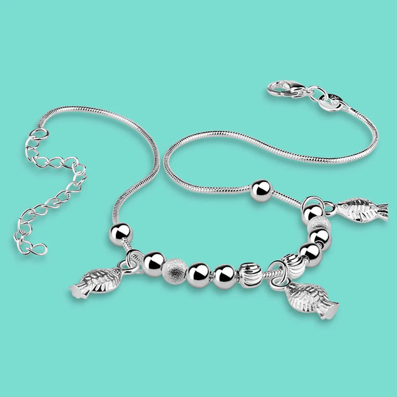 925 Silver Fish Pendant Anklet Charm Snake Chain 20-28CM Ankle Bracelet
