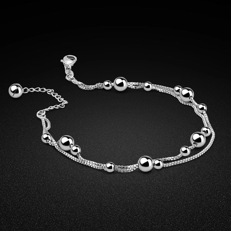925 Silver Anklet with Silver Bead Chain - Beach Accessory
