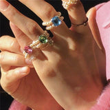Sparkly Colored Diamond Hand-Woven Pearl Ring for Women