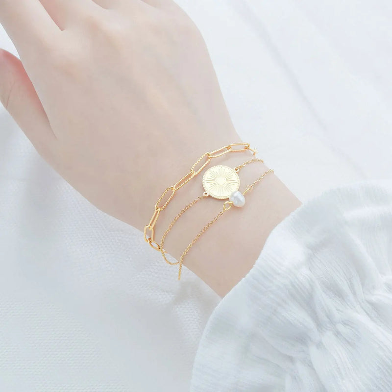 Sun Flower Bracelet Stainless Steel Adjustable Dark Pattern Pearl