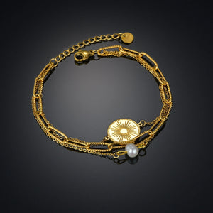 Sun Flower Bracelet Stainless Steel Adjustable Dark Pattern Pearl