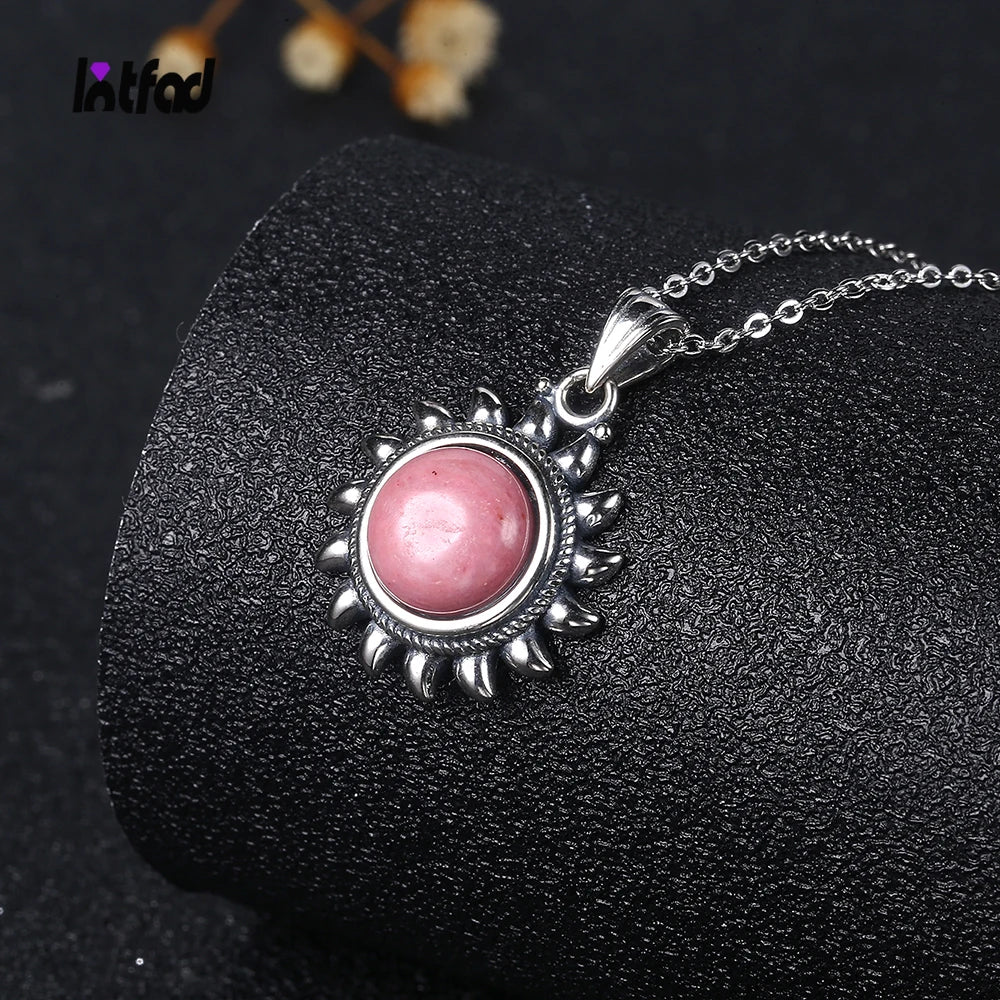 Sun Shaped Necklace Rhodochrosite S925 Silver Vintage Tiger Eye Pendant