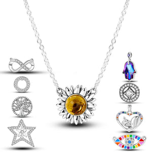 Silver Sunflower Elephant Hand of Fatima Necklace