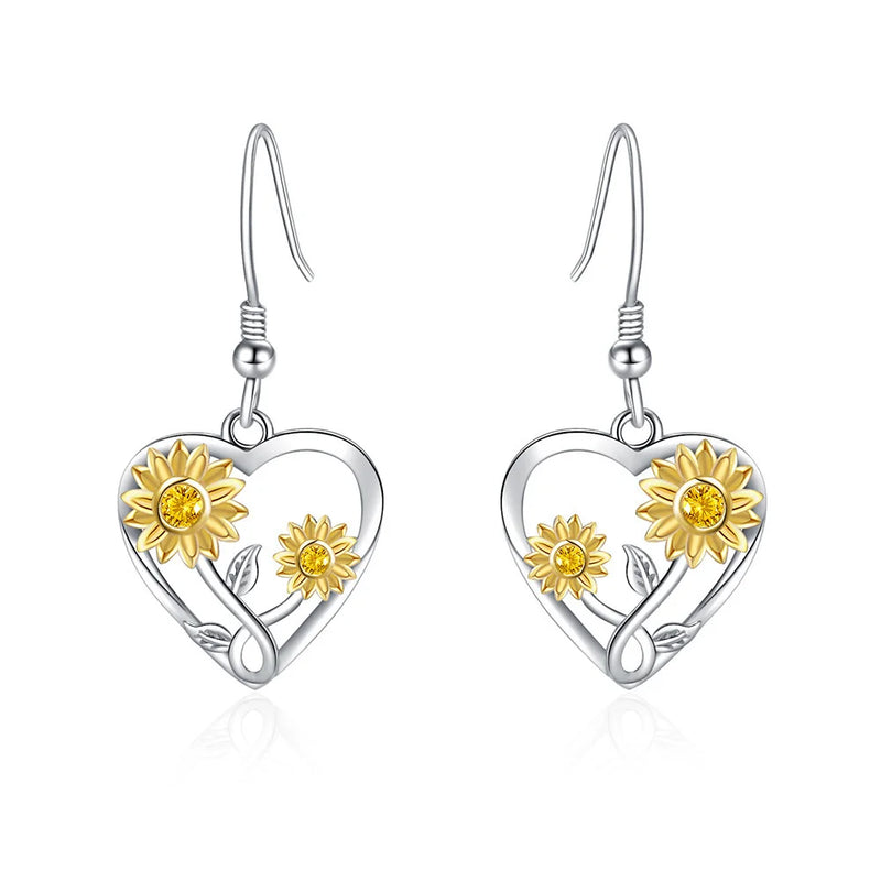 Sunflower Heart Hoop Earrings - 925 Sterling Silver for Women Girls Kids