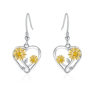 Sunflower Heart Hoop Earrings - Enamel 925 Silver Sunflower Jewelry