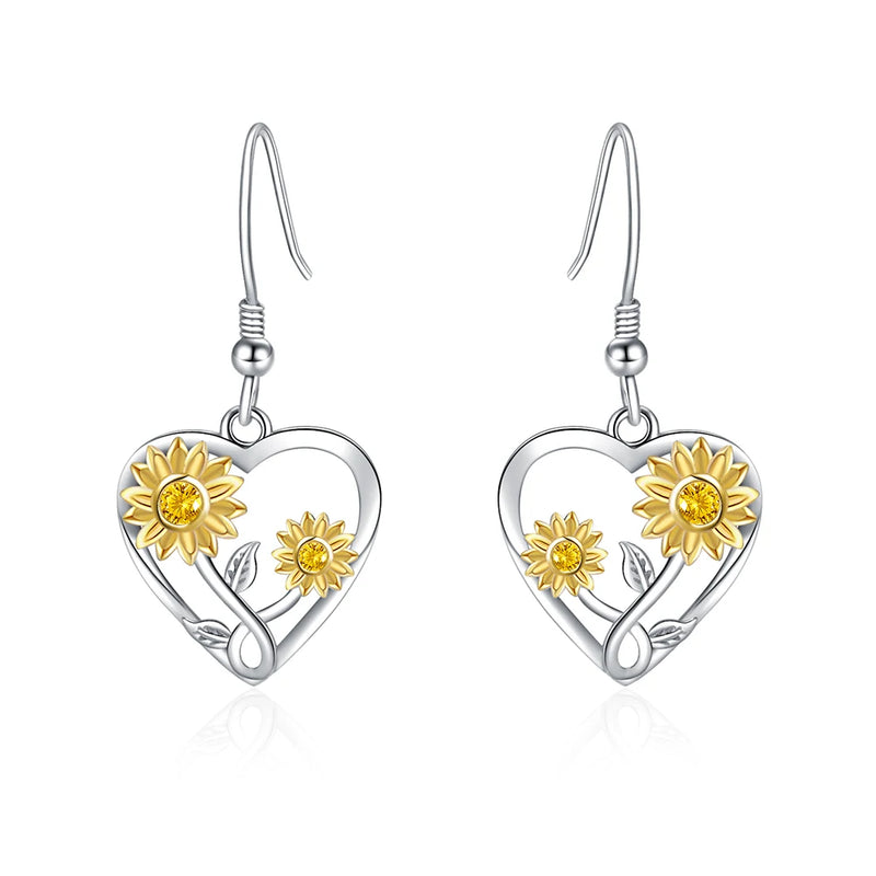 Sunflower Heart Hoop Earrings - Enamel 925 Silver Sunflower Jewelry