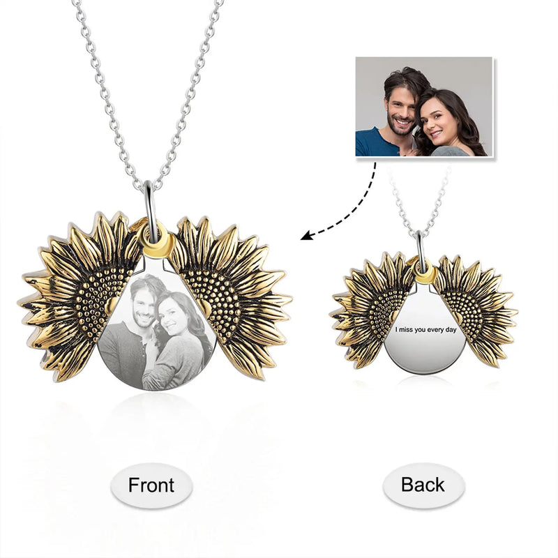 Personalized Sunflower Locket Necklace with Engraving