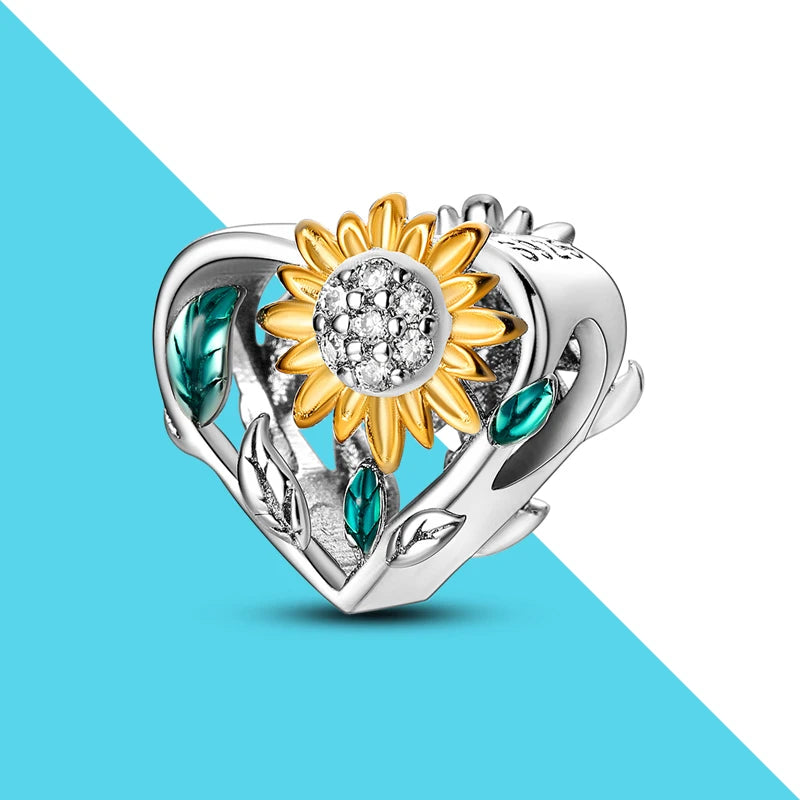 Sunflowers Heart Shape Beads for Charm Bracelet DIY