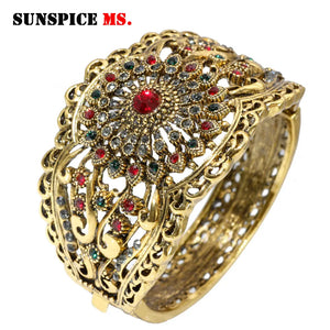 Antique Bronze Algeria Morocco Women Bangle Rhinestone Flower Cuff Bracelet