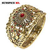 Antique Bronze Algeria Morocco Women Bangle Rhinestone Flower Cuff Bracelet