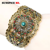 Antique Bronze Algeria Morocco Women Bangle Rhinestone Flower Cuff Bracelet
