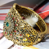 Antique Bronze Algeria Morocco Women Bangle Rhinestone Flower Cuff Bracelet