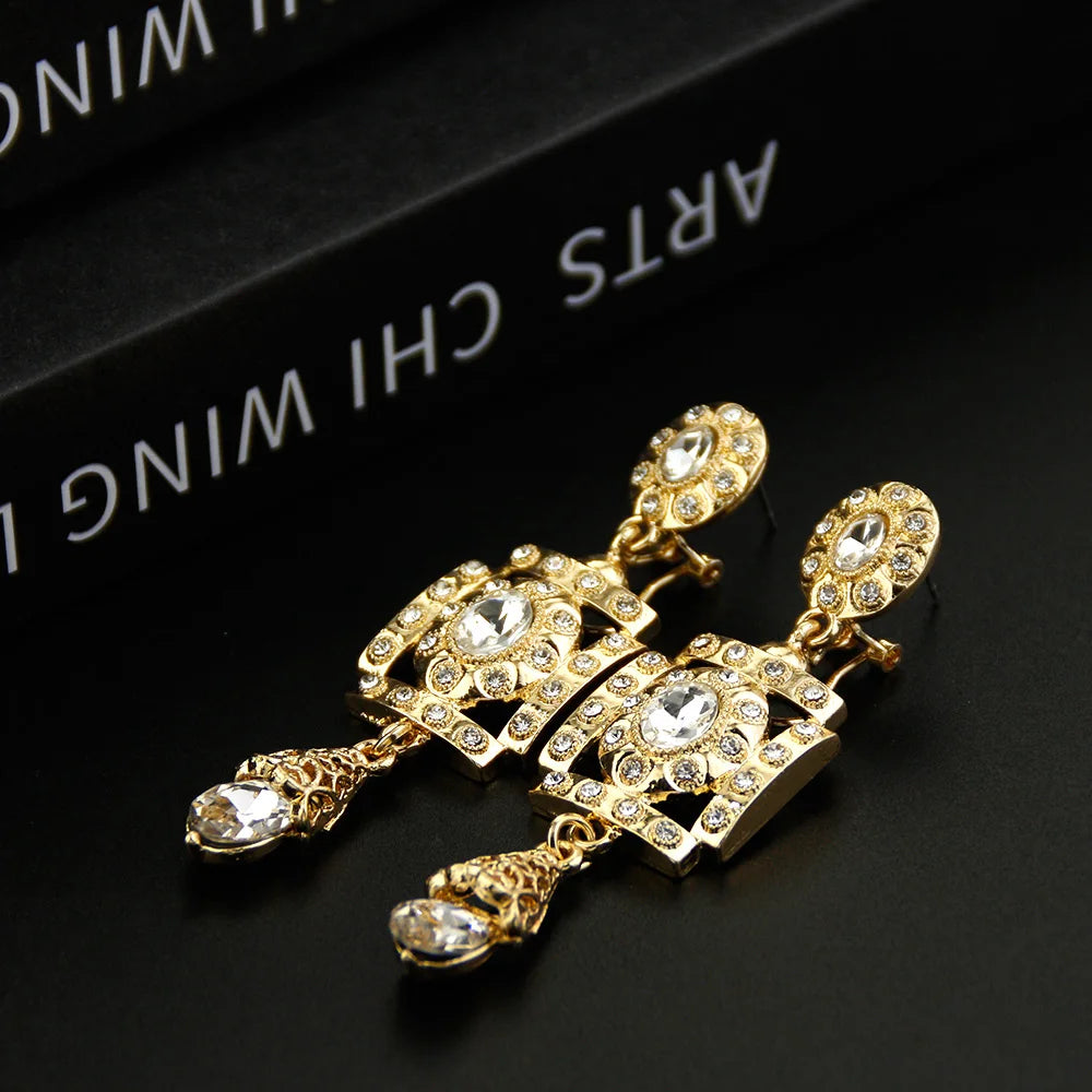 Sunspicems Morocco Drop Earring for Women Square Round Crystal Arabic Bride Earr