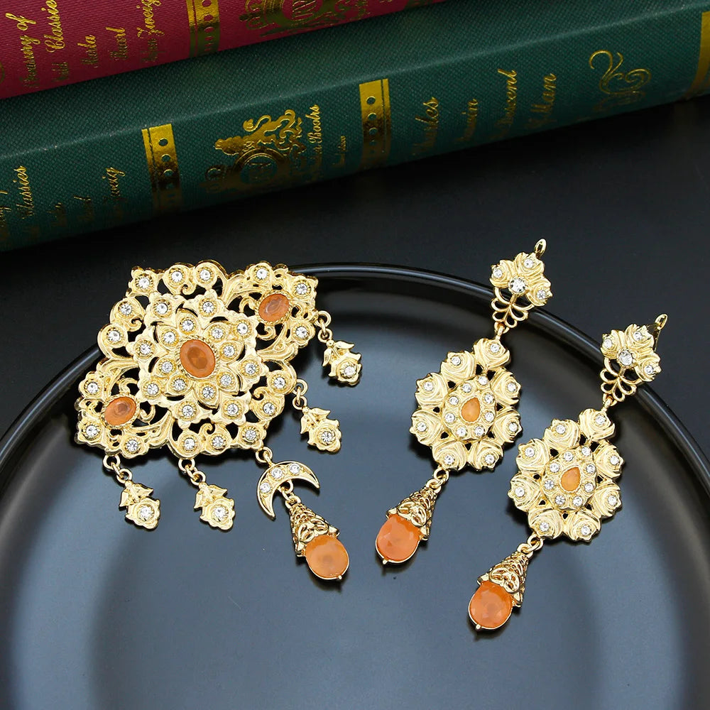 Sunspicems Orange Crystal Caftan Hijab Brooch Pin