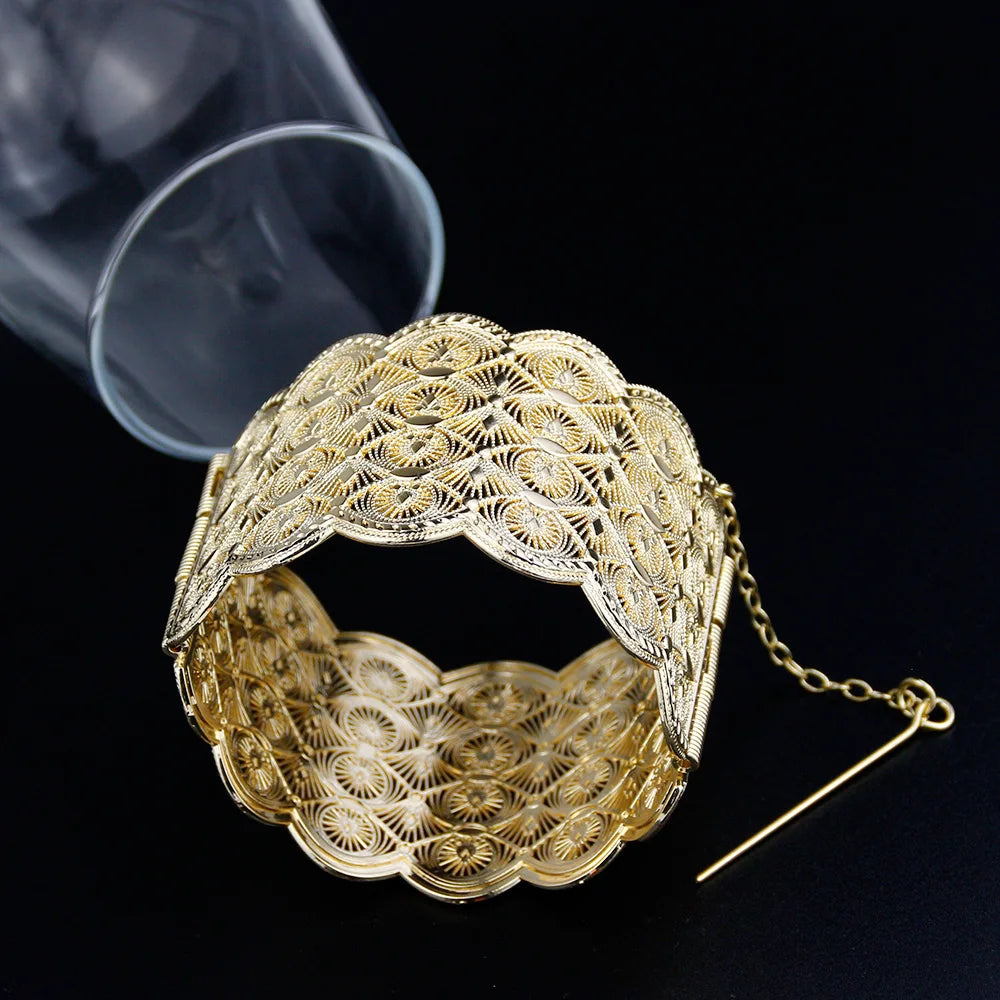 Sunspicems Metal Cuff Bracelet Women Hollow Pattern Algeria Morocco Bangle