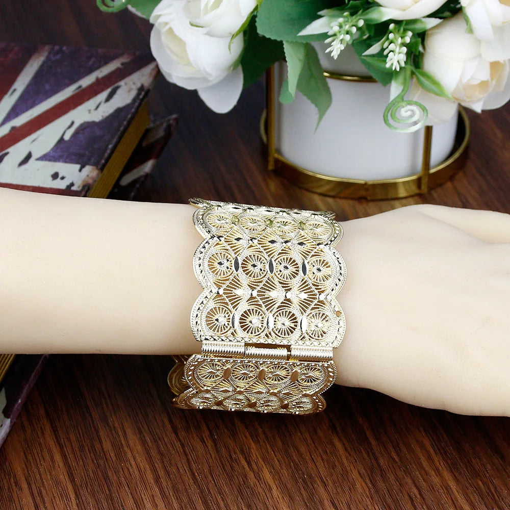 Sunspicems Metal Cuff Bracelet Women Hollow Pattern Algeria Morocco Bangle