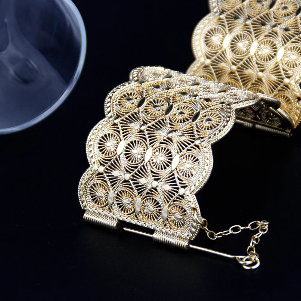 Sunspicems Metal Cuff Bracelet Women Hollow Pattern Algeria Morocco Bangle