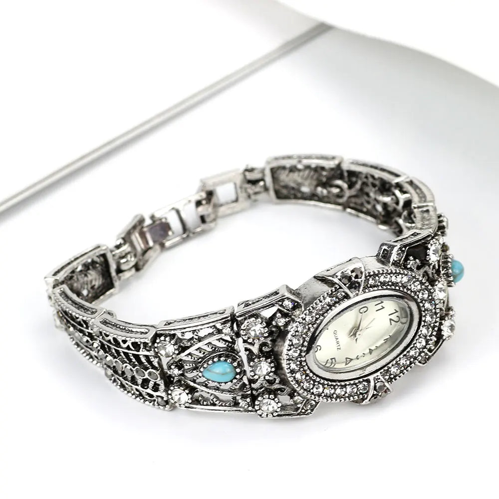 Indian Women Cuff Bracelet Bangle Watch Vintage Silver Rhinestone