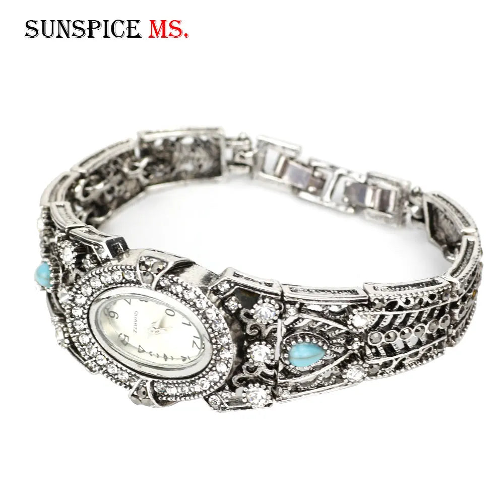 Indian Women Cuff Bracelet Bangle Watch Vintage Silver Rhinestone