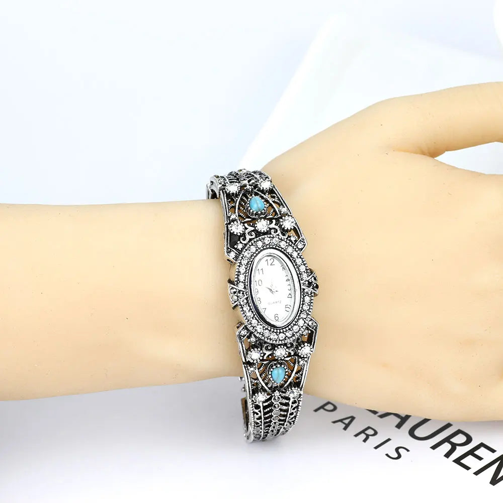Indian Women Cuff Bracelet Bangle Watch Vintage Silver Rhinestone
