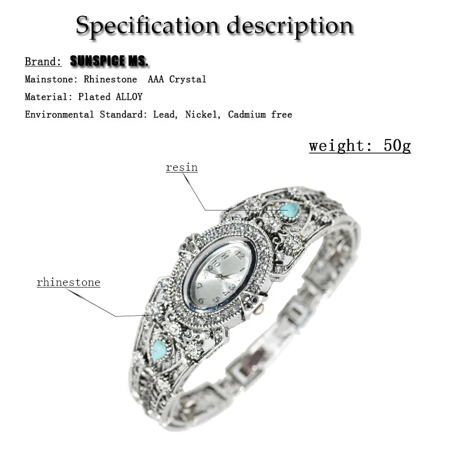 Indian Women Cuff Bracelet Bangle Watch Vintage Silver Rhinestone
