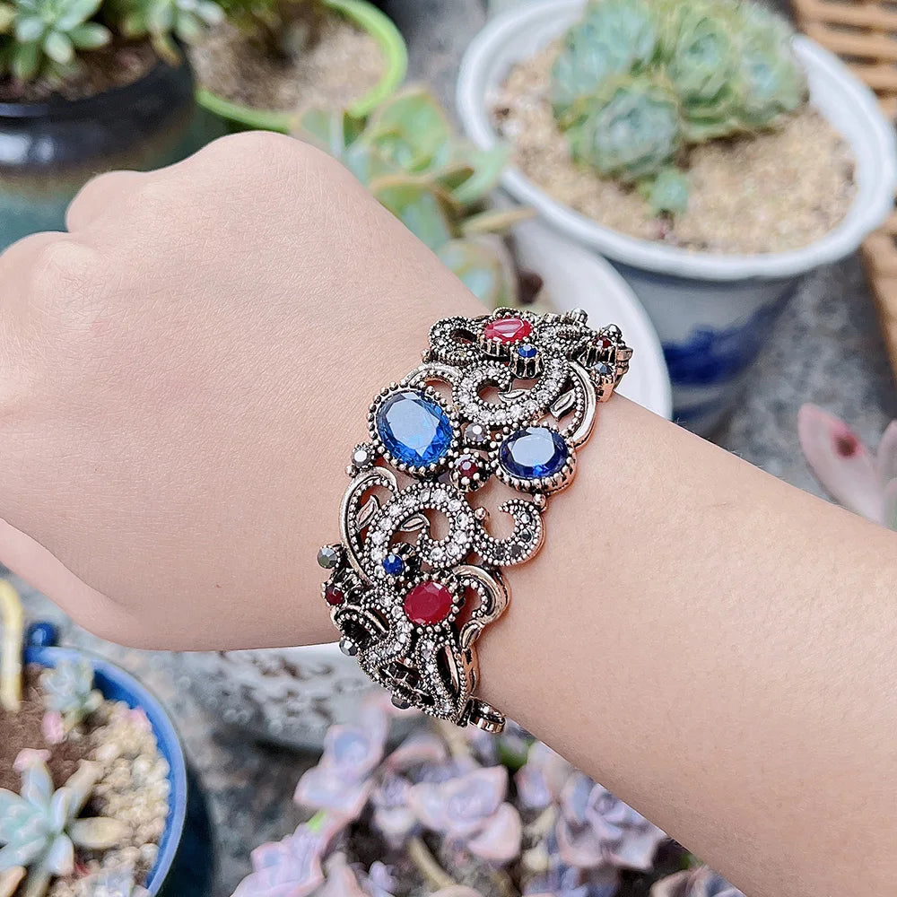 Sunspicems Bohemia Crystal Bracelet Vintage Bangle Women Hollow Flower Cuff
