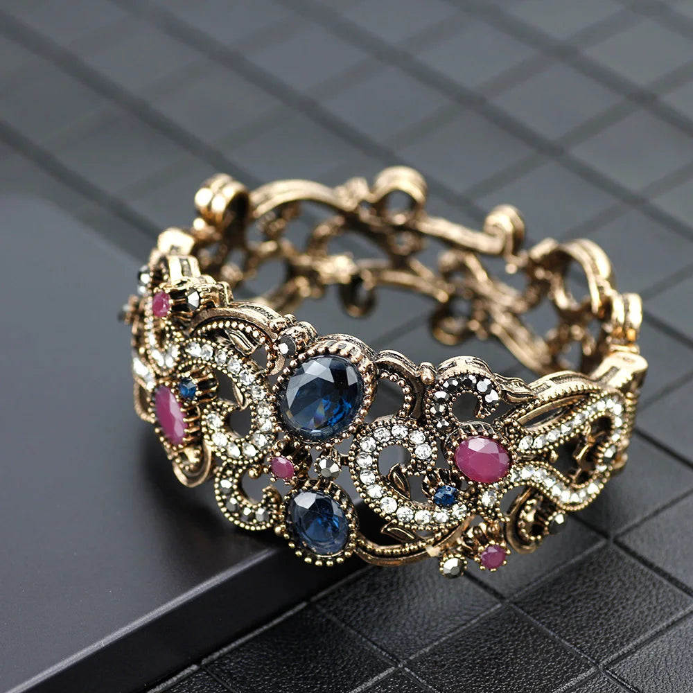 Sunspicems Bohemia Crystal Bracelet Vintage Bangle Women Hollow Flower Cuff