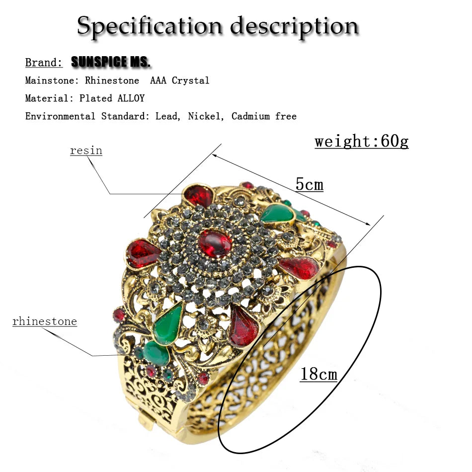 Vintage Morocco Bangle Cuff Bracelet for Women Crystal Wedding Jewelry Gift
