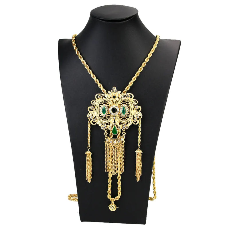 Sunspicems 18k Golden Algeria Wedding Necklace Caftan Kravash Pendant Chain