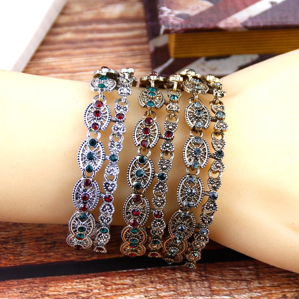 Vintage Indian Double Chain Bracelet Antique Silver Flower Wedding Jewelry