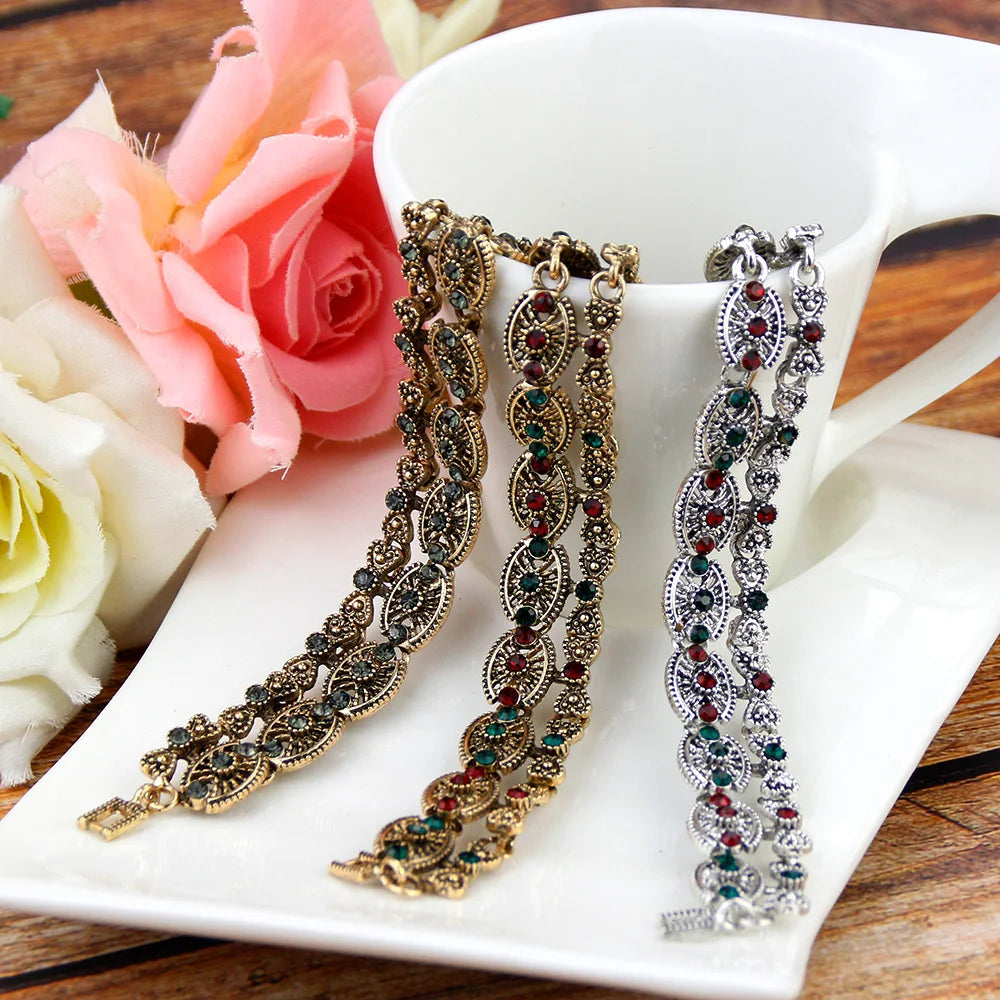 Vintage Indian Double Chain Bracelet Antique Silver Flower Wedding Jewelry