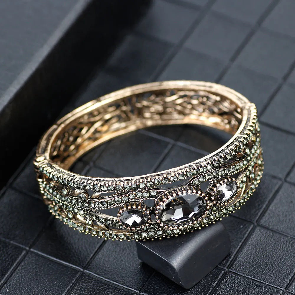 Sunspicems Vintage Cuff Bracelet Bohemia Women Crystal Bangle Gray Rhinestone