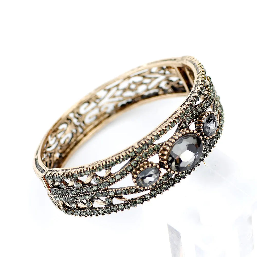 Sunspicems Vintage Cuff Bracelet Bohemia Women Crystal Bangle Gray Rhinestone